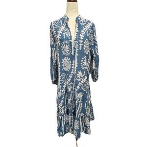 Zara Printed Panel Blue Midi 3/4 sleeve Midi Dress‎ L Boho Resort Wear